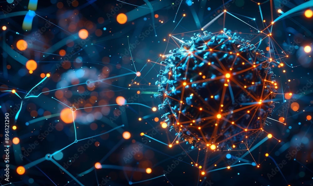 Un virus futuristico intrecciato con una rete neurale di batteri illuminati, rappresenta l'integrazione dell'intelligenza artificiale nella bioinformatica. Colori vibranti e dettagli complessi. Un virus futuristico intrecciato con una rete neurale di batteri illuminati, rappresenta l'integrazione dell'intelligenza artificiale nella bioinformatica. Colori vibranti e dettagli complessi.