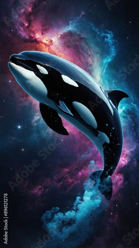 galaxies, spirals, space, nebulae, stars, smoke, iridescent, intricate detail, in the shape of a orca photo