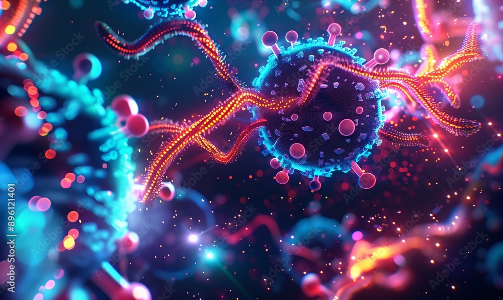 Un virus futuristico intrecciato con una rete neurale di batteri illuminati, rappresenta l'integrazione dell'intelligenza artificiale nella bioinformatica. Colori vibranti e dettagli complessi. Un virus futuristico intrecciato con una rete neurale di batteri illuminati, rappresenta l'integrazione dell'intelligenza artificiale nella bioinformatica. Colori vibranti e dettagli complessi.