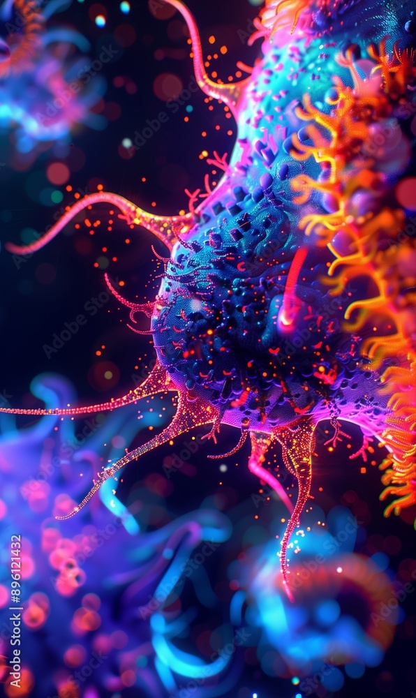 Un virus futuristico intrecciato con una rete neurale di batteri illuminati, rappresenta l'integrazione dell'intelligenza artificiale nella bioinformatica. Colori vibranti e dettagli complessi. Un virus futuristico intrecciato con una rete neurale di batteri illuminati, rappresenta l'integrazione dell'intelligenza artificiale nella bioinformatica. Colori vibranti e dettagli complessi.