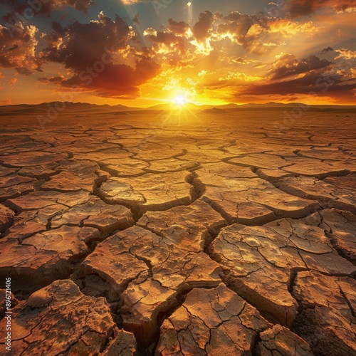 Cracked earth close-up transitioning to vast desert landscape under vibrant sunset photo