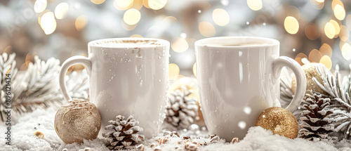 Ceramic white cup or mug with hot chocolate, coffee, tea with decorations on christmas background. Happy new year or Christmas mockup. Cozy wintertime leisure. Generative ai