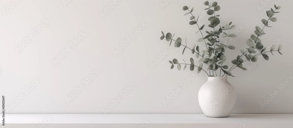 A White Vase Filled with Eucalyptus Branches Rests on a White Shelf Against a White Wall A White Vase Filled with Eucalyptus Branches Rests on a White Shelf Against a White Wall