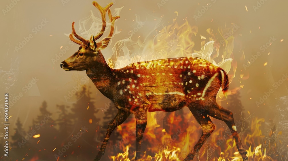 A deer runs through a forest fire A deer runs through a forest fire