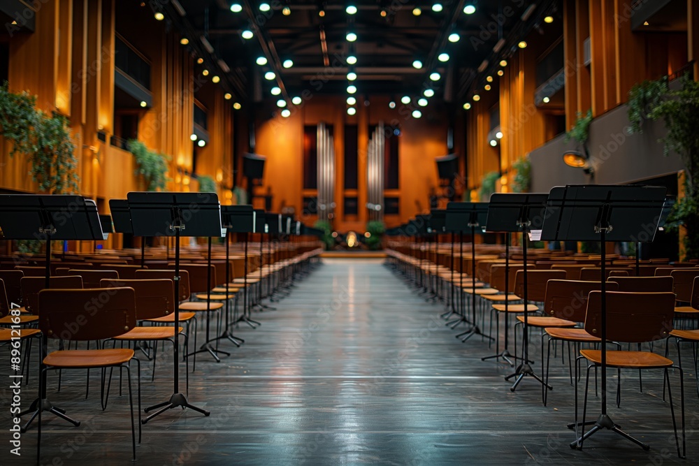 An empty concert hall setup with music stands and chairs, moments before a performance begins. An empty concert hall setup with music stands and chairs, moments before a performance begins.