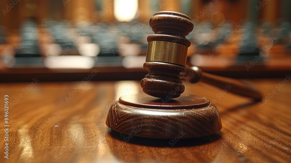 A close-up of a wooden gavel lying on a court table, signifying justice and authority within an empty courtroom, with subtle lighting highlighting its significance. A close-up of a wooden gavel lying on a court table, signifying justice and authority within an empty courtroom, with subtle lighting highlighting its significance.