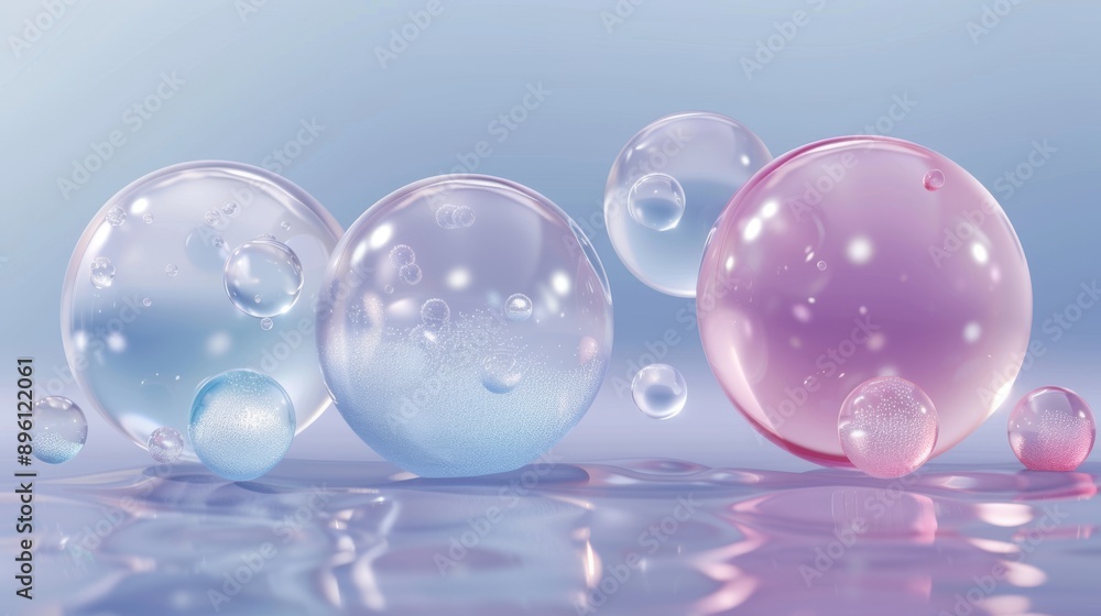 3D objects of cosmetic oil droplets and collagen gel are realistically illustrated as clear liquid drops on a transparent background. 3D objects of cosmetic oil droplets and collagen gel are realistically illustrated as clear liquid drops on a transparent background.