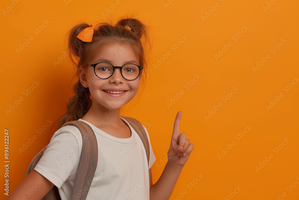 A girl wearing glasses, carrying a backpack and raising her index finger A girl wearing glasses, carrying a backpack and raising her index finger