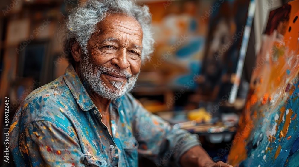 An elderly painter is shown smiling in a vibrant art studio covered in splashes of paint, reflecting the joy of creation, wisdom, and artistic expression in later life. An elderly painter is shown smiling in a vibrant art studio covered in splashes of paint, reflecting the joy of creation, wisdom, and artistic expression in later life.