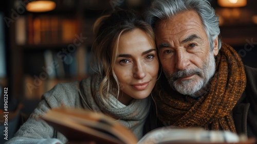 An elderly couple is depicted reading a book together in a cozy library setting, showcasing love, companionship, and the warmth of shared intellectual pursuits.