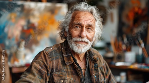 A senior male artist is captured in his art studio, wearing a plaid shirt and surrounded by his work, demonstrating dedication, artistic passion, and the quiet joy of creativity.