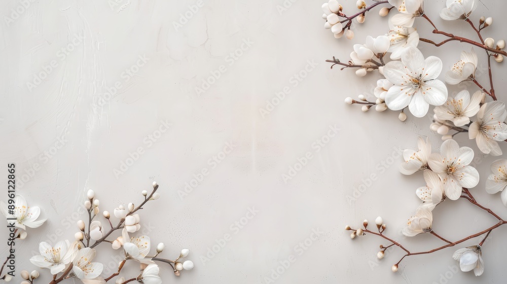 Elegant floral arrangement with white cherry blossoms on a soft neutral background, perfect for invitations or seasonal designs. Elegant floral arrangement with white cherry blossoms on a soft neutral background, perfect for invitations or seasonal designs.