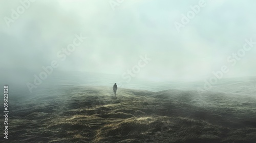 Misty moorland with a lone figure walking through, mysterious scene, solitary journey