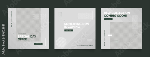 social media template banner blog fashion sale promotion. fully editable instagram and facebook square post frame puzzle organic sale poster. grey green element shape vector background