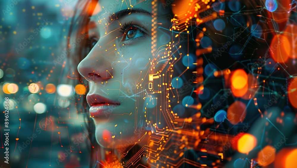 Hyper-Realistic Double Exposure Portrait of AI and Data with Digital Circuit Patterns, Futuristic Tech Elements, and Dynamic Glowing Lights in Orange, Indigo, and Gunmetal Colors Hyper-Realistic Double Exposure Portrait of AI and Data with Digital Circuit Patterns, Futuristic Tech Elements, and Dynamic Glowing Lights in Orange, Indigo, and Gunmetal Colors