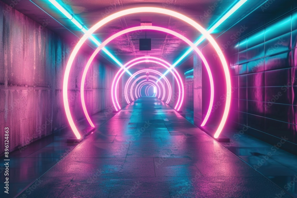 A tunnel lit up by neon lights