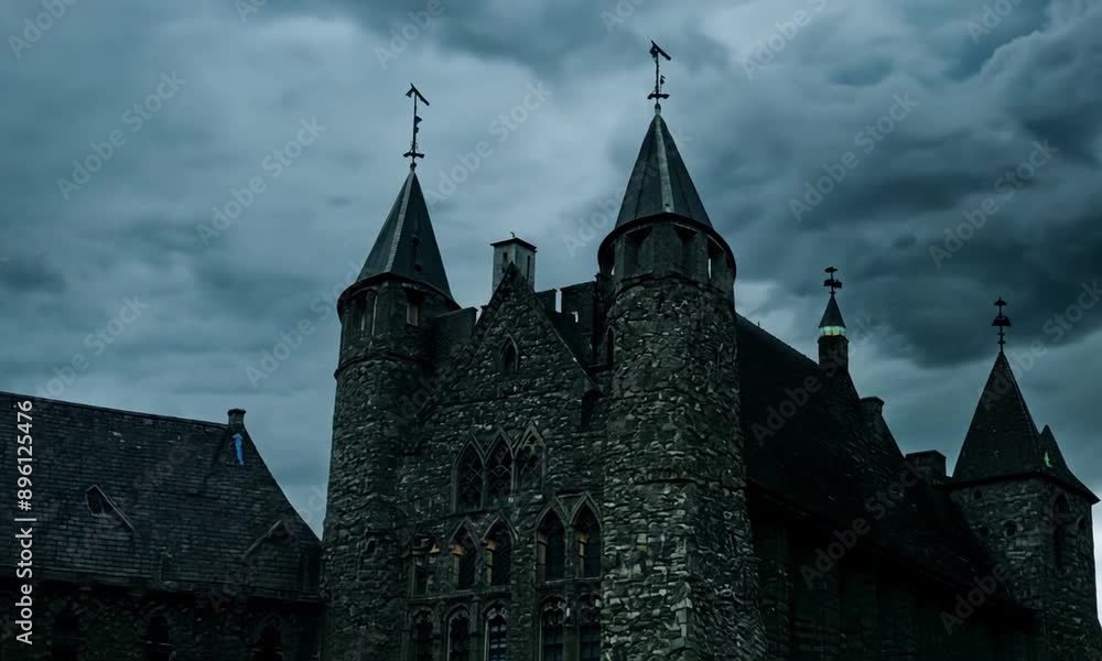 Gothic castle with dark, ominous clouds. 4K Video hyperrealistic Gothic castle with dark, ominous clouds. 4K Video hyperrealistic