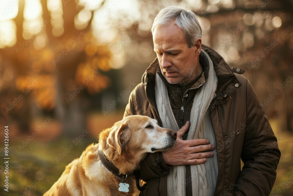 Man Experiencing Chest Pain While Walking Dog in Morning - Health Awareness Concept Man Experiencing Chest Pain While Walking Dog in Morning - Health Awareness Concept