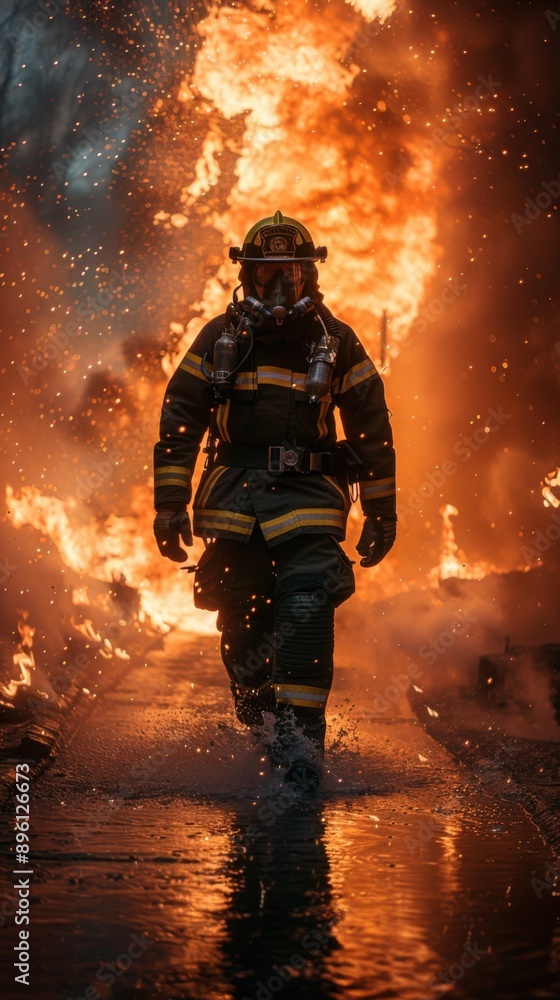 Fototapeta premium Firefighters are walking through a fire with a huge fire in the background