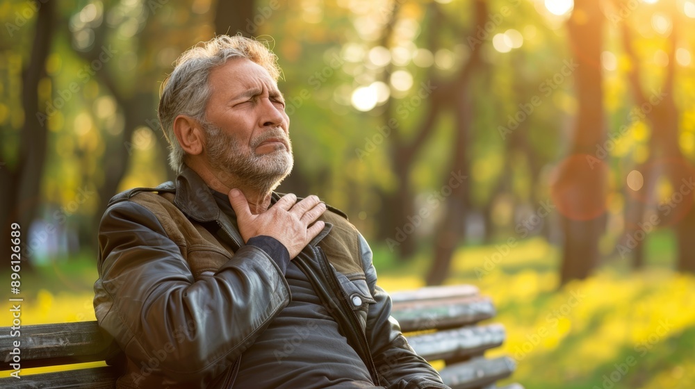 Senior Man Experiencing Chest Pain on Park Bench at Sunset - Concept of Heart Disease and Health Warning Senior Man Experiencing Chest Pain on Park Bench at Sunset - Concept of Heart Disease and Health Warning