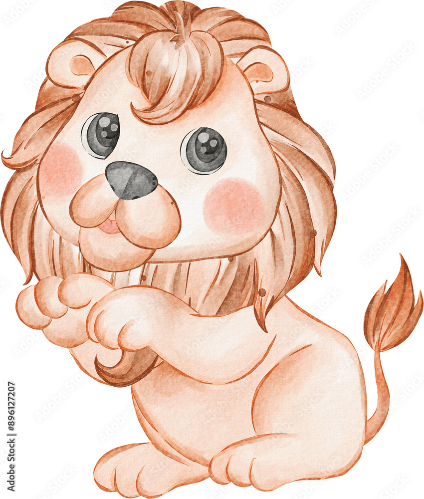 Naklejka premium Lion Cub Raising Hand Watercolor Illustration