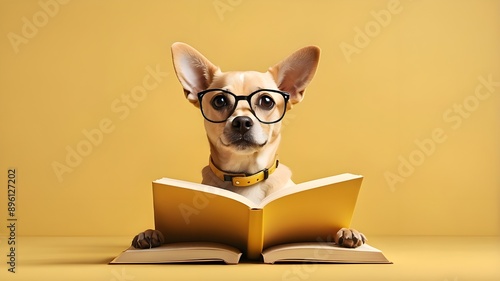 A phd degree holder dog wearing glasses and reading book at home.