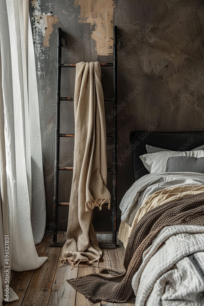 Cozy bedroom interior with a wooden ladder, a bed and a linen. Cozy bedroom interior with a wooden ladder, a bed and a linen.
