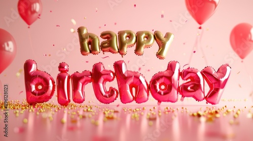 happy birthday air foil balloons text on festive pink background, celebratory, party video card, birthday greetings, events poster, birthday celebration