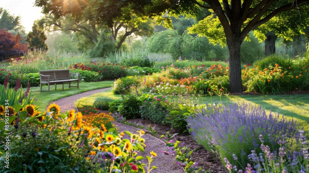 Obraz premium Tranquil Garden Path with Vibrant Flowers and Cozy Bench for Relaxation