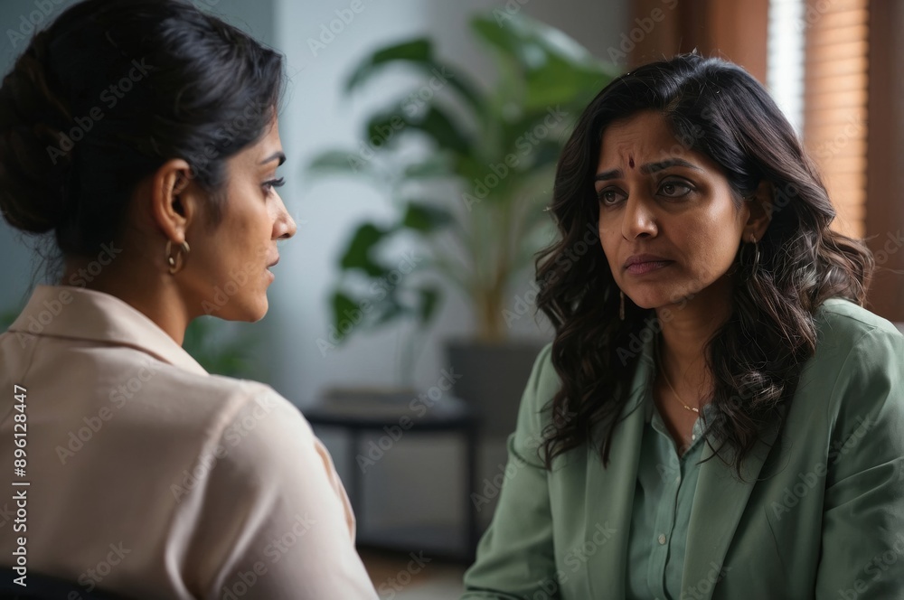 Obraz premium Two women in serious conversation with intense expressions