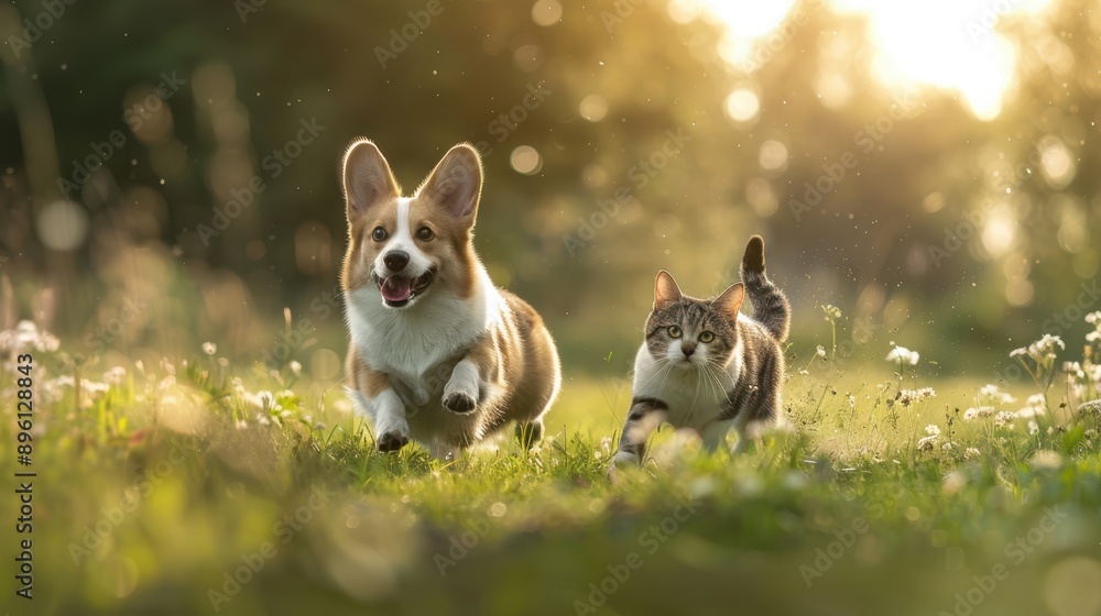 The dog and the cat running The dog and the cat running