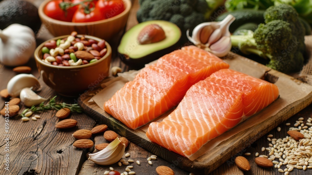 The fresh salmon fillets and vegetables The fresh salmon fillets and vegetables