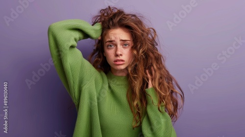 woman in green coat with stressed or worried face on PURPLE background