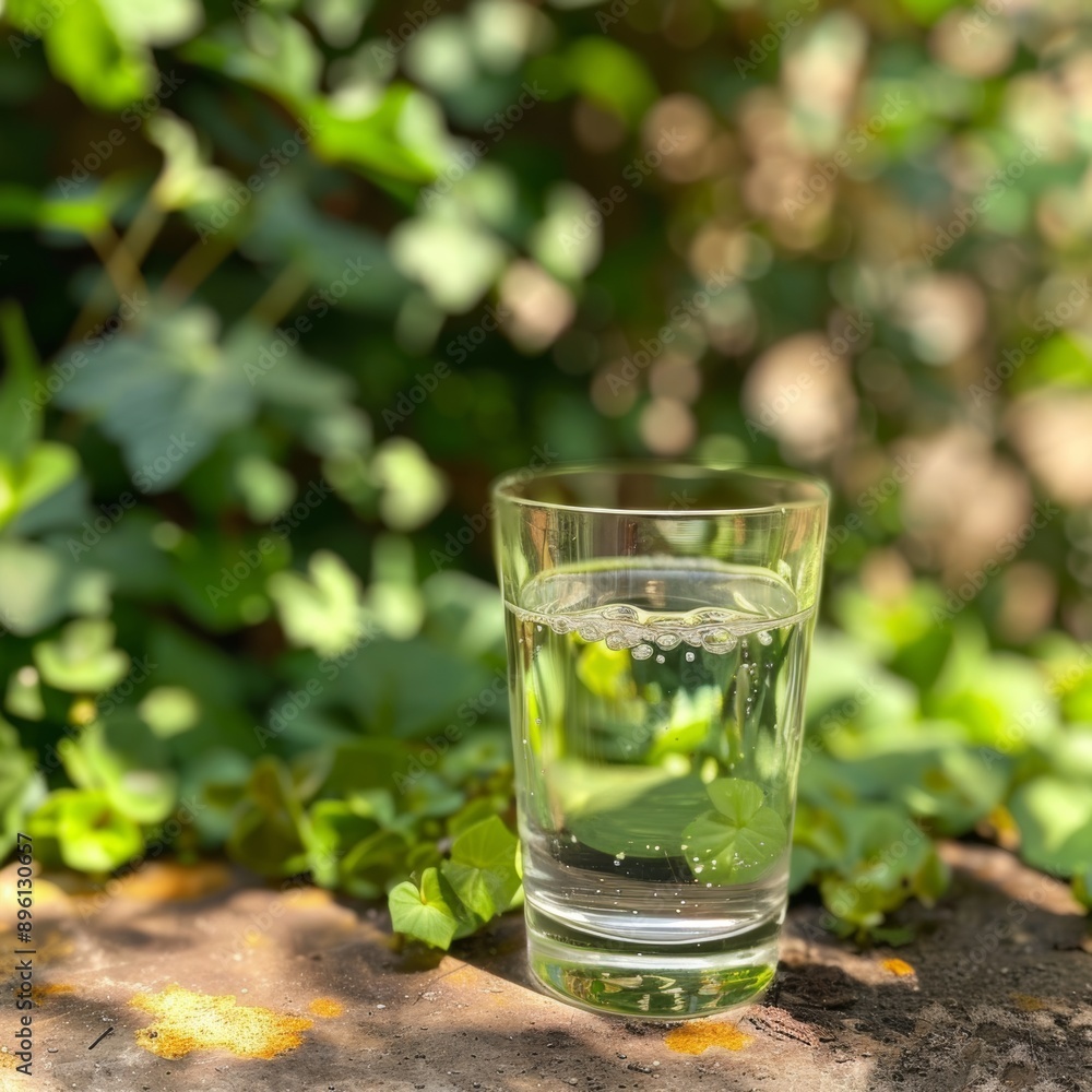 Wasser in einem glas in natürlicher umgebung, grüne blätter Wasser in einem glas in natürlicher umgebung, grüne blätter
