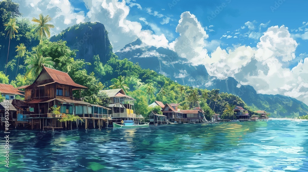 Vibrant watercolor painting of coastal Filipino village with traditional houses and stunning mountainous backdrop. Vibrant watercolor painting of coastal Filipino village with traditional houses and stunning mountainous backdrop.