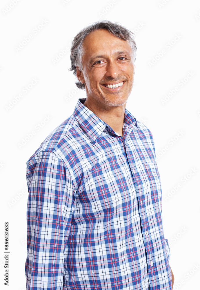 Happy, portrait and mature man in studio with confidence for creative career in writing. Smile, face and professional male author from Brazil with pride for publishing license by white background. Happy, portrait and mature man in studio with confidence for creative career in writing. Smile, face and professional male author from Brazil with pride for publishing license by white background.