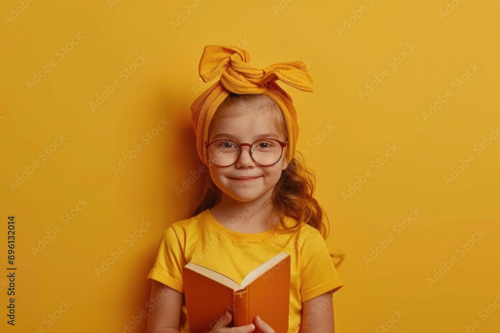 A young girl reading a book while wearing glasses and a yellow shirt A young girl reading a book while wearing glasses and a yellow shirt