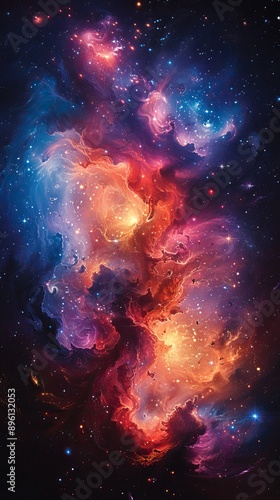 A vibrant and colorful depiction of a nebula in outer space, showcasing swirling clouds of gas and dust in shades of blue, pink, and orange, with numerous stars scattered throughout the scene. © Svfotoroom