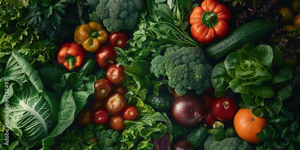 Variety of fresh vegetables and fruits arranged on a table, great for food photography or still life shots Variety of fresh vegetables and fruits arranged on a table, great for food photography or still life shots
