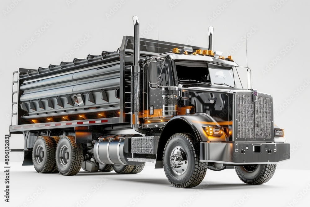 A truck with black and orange paint job sits on a white background, ready for action A truck with black and orange paint job sits on a white background, ready for action