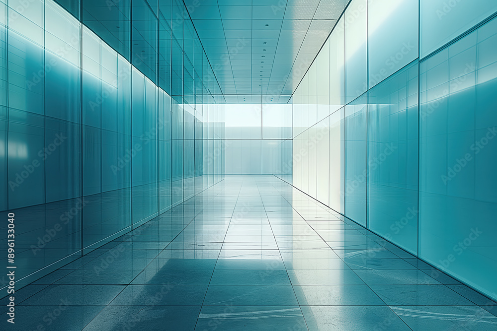 Empty corridor with glass walls leading to open space Empty corridor with glass walls leading to open space