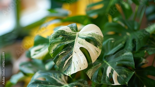 Macro shot of a rare Monstera with its striking white variegation photo