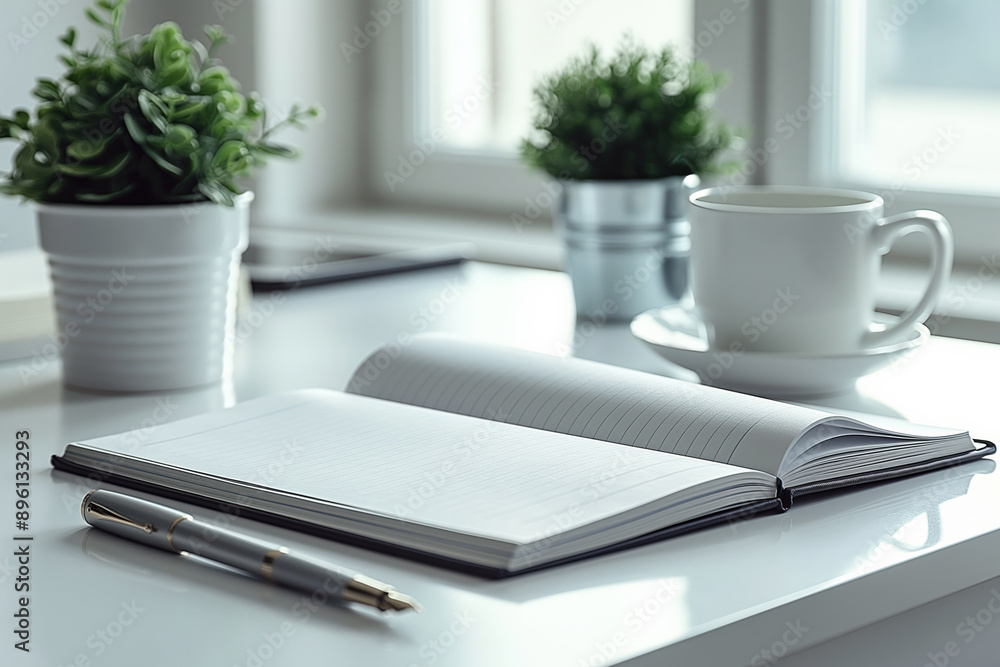 Open notebook lying on white desk with pen and cup of coffee Open notebook lying on white desk with pen and cup of coffee