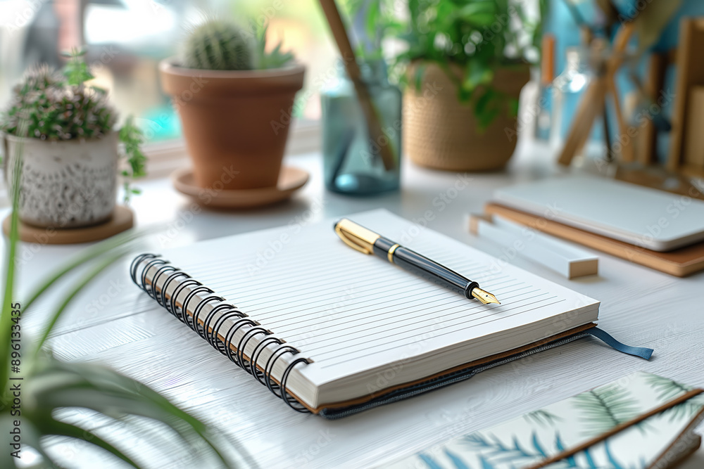 Blank notebook with pen on desk with plants suggesting a freelancer working from home Blank notebook with pen on desk with plants suggesting a freelancer working from home