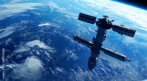 Detailed view of a space station orbiting Earth, showcasing Earth's surface and clouds from space.