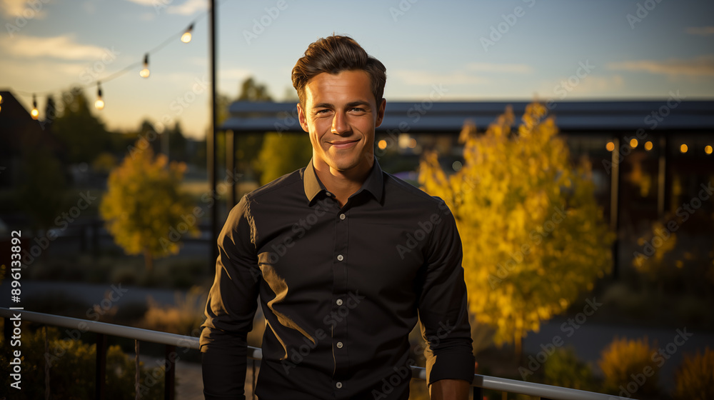 Young man, wearing a business shirt, standing on a terrace Young man, wearing a business shirt, standing on a terrace