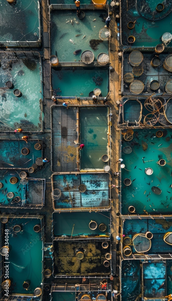 Overhead View of Efficient Fish Farm Operation with Neatly Arranged Tanks and Ponds