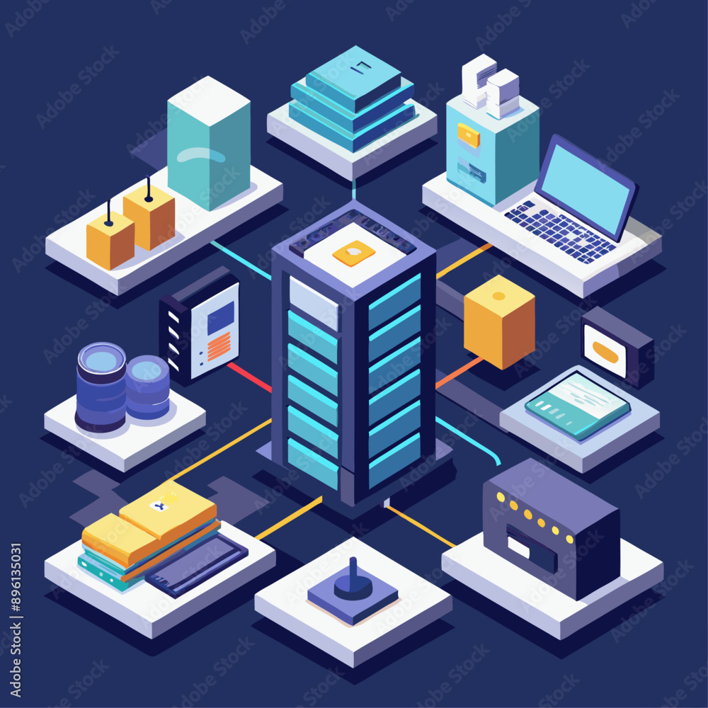 Isometric Illustration of Network Computing for Cloud Storage, Featuring Detailed Server Racks, Data Download Processes, and Secure Storage Solutions Isometric Illustration of Network Computing for Cloud Storage, Featuring Detailed Server Racks, Data Download Processes, and Secure Storage Solutions