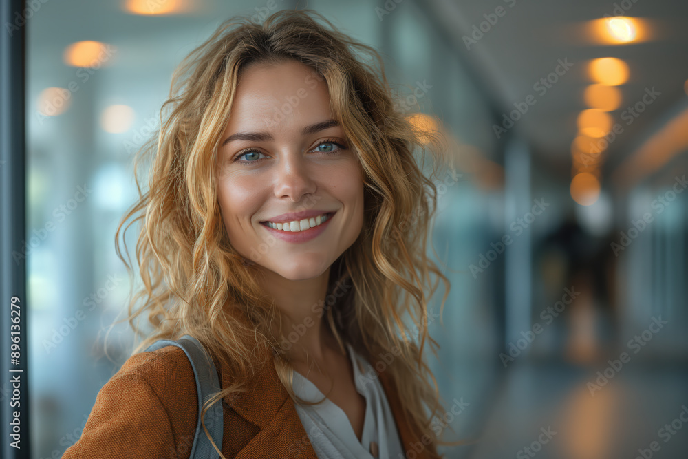 Young businesswoman smiling in modern office hallway Young businesswoman smiling in modern office hallway