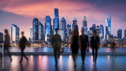 Business people walking in a modern city with skyscrapers at sunset photo